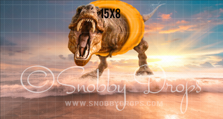 Dino on Beach Fabric Backdrop-Fabric Photography Backdrop-Snobby Drops Fabric Backdrops for Photography, Exclusive Designs by Tara Mapes Photography, Enchanted Eye Creations by Tara Mapes, photography backgrounds, photography backdrops, fast shipping, US backdrops, cheap photography backdrops