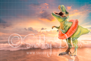 Dino on Beach Fabric Backdrop-Fabric Photography Backdrop-Snobby Drops Fabric Backdrops for Photography, Exclusive Designs by Tara Mapes Photography, Enchanted Eye Creations by Tara Mapes, photography backgrounds, photography backdrops, fast shipping, US backdrops, cheap photography backdrops