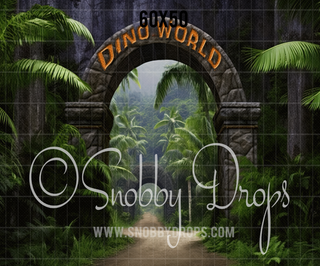 Dinosaur Park Entrance Fabric Backdrop-Fabric Photography Backdrop-Snobby Drops Fabric Backdrops for Photography, Exclusive Designs by Tara Mapes Photography, Enchanted Eye Creations by Tara Mapes, photography backgrounds, photography backdrops, fast shipping, US backdrops, cheap photography backdrops