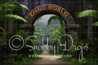 Dinosaur Park Entrance Fabric Backdrop-Fabric Photography Backdrop-Snobby Drops Fabric Backdrops for Photography, Exclusive Designs by Tara Mapes Photography, Enchanted Eye Creations by Tara Mapes, photography backgrounds, photography backdrops, fast shipping, US backdrops, cheap photography backdrops
