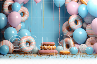 Donuts and Balloons Cake Smash Backdrop-Fabric Photography Backdrop-Snobby Drops Fabric Backdrops for Photography, Exclusive Designs by Tara Mapes Photography, Enchanted Eye Creations by Tara Mapes, photography backgrounds, photography backdrops, fast shipping, US backdrops, cheap photography backdrops