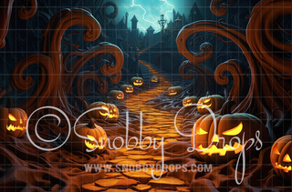 Downtown Punkin Town Halloween Fabric Backdrop-Fabric Photography Backdrop-Snobby Drops Fabric Backdrops for Photography, Exclusive Designs by Tara Mapes Photography, Enchanted Eye Creations by Tara Mapes, photography backgrounds, photography backdrops, fast shipping, US backdrops, cheap photography backdrops