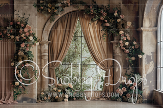 Earth Tone Curtains and Flowers Fabric Backdrop-Fabric Photography Backdrop-Snobby Drops Fabric Backdrops for Photography, Exclusive Designs by Tara Mapes Photography, Enchanted Eye Creations by Tara Mapes, photography backgrounds, photography backdrops, fast shipping, US backdrops, cheap photography backdrops