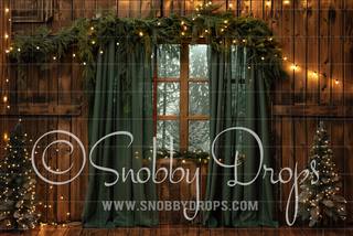 Earthy Christmas Window with Green Curtains Fabric Photography Backdrop-Fabric Photography Backdrop-Snobby Drops Fabric Backdrops for Photography, Exclusive Designs by Tara Mapes Photography, Enchanted Eye Creations by Tara Mapes, photography backgrounds, photography backdrops, fast shipping, US backdrops, cheap photography backdrops