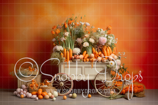 Easter Carrot Cart with Orange Wall Fabric Backdrop-Fabric Photography Backdrop-Snobby Drops Fabric Backdrops for Photography, Exclusive Designs by Tara Mapes Photography, Enchanted Eye Creations by Tara Mapes, photography backgrounds, photography backdrops, fast shipping, US backdrops, cheap photography backdrops