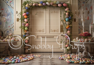 Easter Egg Door Fabric Backdrop-Fabric Photography Backdrop-Snobby Drops Fabric Backdrops for Photography, Exclusive Designs by Tara Mapes Photography, Enchanted Eye Creations by Tara Mapes, photography backgrounds, photography backdrops, fast shipping, US backdrops, cheap photography backdrops