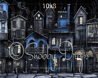 Eerie Estates Dark Christmas Town of Houses Fabric Backdrop-Fabric Photography Backdrop-Snobby Drops Fabric Backdrops for Photography, Exclusive Designs by Tara Mapes Photography, Enchanted Eye Creations by Tara Mapes, photography backgrounds, photography backdrops, fast shipping, US backdrops, cheap photography backdrops