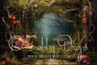 Enchanted Fairy Garden Scene Fabric Backdrop-Fabric Photography Backdrop-Snobby Drops Fabric Backdrops for Photography, Exclusive Designs by Tara Mapes Photography, Enchanted Eye Creations by Tara Mapes, photography backgrounds, photography backdrops, fast shipping, US backdrops, cheap photography backdrops