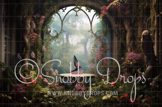 Fairy Bird Fairy Garden Fabric Backdrop-Fabric Photography Backdrop-Snobby Drops Fabric Backdrops for Photography, Exclusive Designs by Tara Mapes Photography, Enchanted Eye Creations by Tara Mapes, photography backgrounds, photography backdrops, fast shipping, US backdrops, cheap photography backdrops