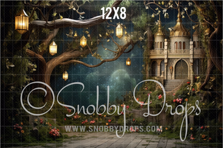 Fairytale Castle Scene Fabric Backdrop-Fabric Photography Backdrop-Snobby Drops Fabric Backdrops for Photography, Exclusive Designs by Tara Mapes Photography, Enchanted Eye Creations by Tara Mapes, photography backgrounds, photography backdrops, fast shipping, US backdrops, cheap photography backdrops