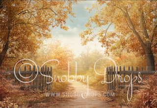 Fall Gate Path Fabric Backdrop-Fabric Photography Backdrop-Snobby Drops Fabric Backdrops for Photography, Exclusive Designs by Tara Mapes Photography, Enchanted Eye Creations by Tara Mapes, photography backgrounds, photography backdrops, fast shipping, US backdrops, cheap photography backdrops