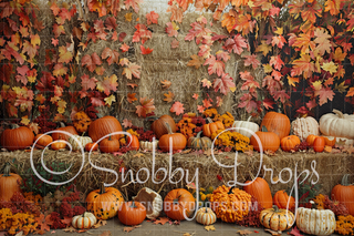 Fall Hay Stacks and Pumpkins Fabric Backdrop-Fabric Photography Backdrop-Snobby Drops Fabric Backdrops for Photography, Exclusive Designs by Tara Mapes Photography, Enchanted Eye Creations by Tara Mapes, photography backgrounds, photography backdrops, fast shipping, US backdrops, cheap photography backdrops