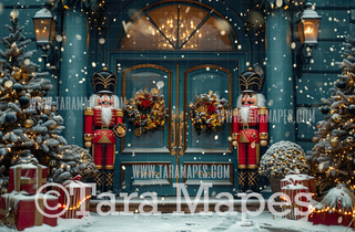 Fancy Christmas Door with Nutcrackers Fabric Backdrop-Fabric Photography Backdrop-Snobby Drops Fabric Backdrops for Photography, Exclusive Designs by Tara Mapes Photography, Enchanted Eye Creations by Tara Mapes, photography backgrounds, photography backdrops, fast shipping, US backdrops, cheap photography backdrops