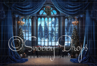 Fantasy Castle Christmas Room with Blue Curtains Fabric Backdrop-Fabric Photography Backdrop-Snobby Drops Fabric Backdrops for Photography, Exclusive Designs by Tara Mapes Photography, Enchanted Eye Creations by Tara Mapes, photography backgrounds, photography backdrops, fast shipping, US backdrops, cheap photography backdrops