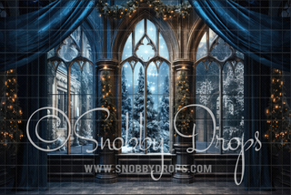 Fantasy Castle Christmas Room with Blue Curtains Fabric Backdrop-Fabric Photography Backdrop-Snobby Drops Fabric Backdrops for Photography, Exclusive Designs by Tara Mapes Photography, Enchanted Eye Creations by Tara Mapes, photography backgrounds, photography backdrops, fast shipping, US backdrops, cheap photography backdrops