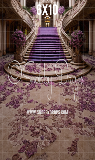 Fantasy Purple Floral Stairs Fabric Backdrop Sweep-Fabric Photography Sweep-Snobby Drops Fabric Backdrops for Photography, Exclusive Designs by Tara Mapes Photography, Enchanted Eye Creations by Tara Mapes, photography backgrounds, photography backdrops, fast shipping, US backdrops, cheap photography backdrops