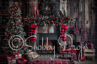 Farmhouse Red and Black Plaid Christmas Fireplace Fabric Backdrop-Fabric Photography Backdrop-Snobby Drops Fabric Backdrops for Photography, Exclusive Designs by Tara Mapes Photography, Enchanted Eye Creations by Tara Mapes, photography backgrounds, photography backdrops, fast shipping, US backdrops, cheap photography backdrops