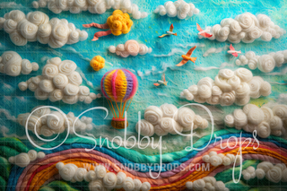 Feltsy Felted Style Hot Air Balloon over Rainbow Fabric Backdrop-Fabric Photography Backdrop-Snobby Drops Fabric Backdrops for Photography, Exclusive Designs by Tara Mapes Photography, Enchanted Eye Creations by Tara Mapes, photography backgrounds, photography backdrops, fast shipping, US backdrops, cheap photography backdrops