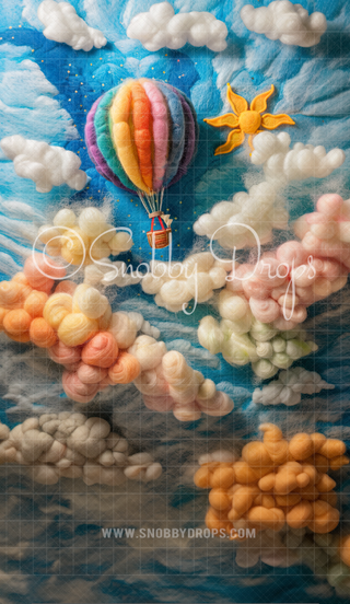 Feltsy Felted Style Hot Air Balloons in Clouds Fabric Backdrop Wee Sweep-Fabric Photography Backdrop-Snobby Drops Fabric Backdrops for Photography, Exclusive Designs by Tara Mapes Photography, Enchanted Eye Creations by Tara Mapes, photography backgrounds, photography backdrops, fast shipping, US backdrops, cheap photography backdrops