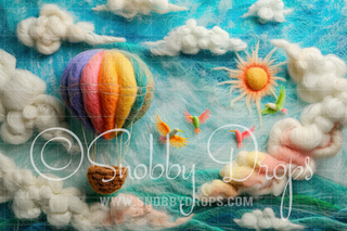 Feltsy Felted Style Rainbow and Hot Air with Birds Balloon Fabric Backdrop-Fabric Photography Backdrop-Snobby Drops Fabric Backdrops for Photography, Exclusive Designs by Tara Mapes Photography, Enchanted Eye Creations by Tara Mapes, photography backgrounds, photography backdrops, fast shipping, US backdrops, cheap photography backdrops