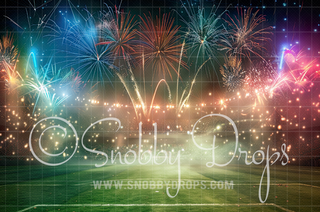 Field with Fireworks Sports Fabric Backdrop-Fabric Photography Backdrop-Snobby Drops Fabric Backdrops for Photography, Exclusive Designs by Tara Mapes Photography, Enchanted Eye Creations by Tara Mapes, photography backgrounds, photography backdrops, fast shipping, US backdrops, cheap photography backdrops