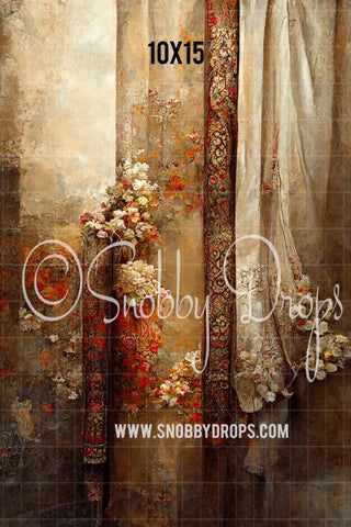 Fine Art Curtain and Flowers Fabric Backdrop Sweep-Fabric Photography Sweep-Snobby Drops Fabric Backdrops for Photography, Exclusive Designs by Tara Mapes Photography, Enchanted Eye Creations by Tara Mapes, photography backgrounds, photography backdrops, fast shipping, US backdrops, cheap photography backdrops