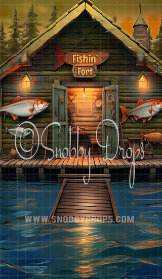 Fishin' Fort Fishing Hut Fabric Backdrop Sweep-Fabric Photography Sweep-Snobby Drops Fabric Backdrops for Photography, Exclusive Designs by Tara Mapes Photography, Enchanted Eye Creations by Tara Mapes, photography backgrounds, photography backdrops, fast shipping, US backdrops, cheap photography backdrops
