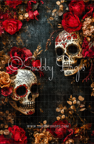 Flower Skulls Dia de los Muertos Fabric Backdrop Sweep-Fabric Photography Sweep-Snobby Drops Fabric Backdrops for Photography, Exclusive Designs by Tara Mapes Photography, Enchanted Eye Creations by Tara Mapes, photography backgrounds, photography backdrops, fast shipping, US backdrops, cheap photography backdrops