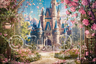 Flowering Castle with Garden Fabric Backdrop-Fabric Photography Backdrop-Snobby Drops Fabric Backdrops for Photography, Exclusive Designs by Tara Mapes Photography, Enchanted Eye Creations by Tara Mapes, photography backgrounds, photography backdrops, fast shipping, US backdrops, cheap photography backdrops