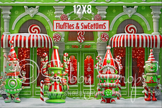 Fluffles & Sweetums Whimsyville Nutcracker Candy Shop Storefront Fabric Backdrop-Fabric Photography Backdrop-Snobby Drops Fabric Backdrops for Photography, Exclusive Designs by Tara Mapes Photography, Enchanted Eye Creations by Tara Mapes, photography backgrounds, photography backdrops, fast shipping, US backdrops, cheap photography backdrops