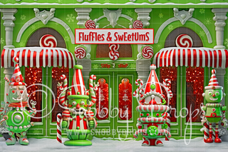 Fluffles & Sweetums Whimsyville Nutcracker Candy Shop Storefront Fabric Backdrop-Fabric Photography Backdrop-Snobby Drops Fabric Backdrops for Photography, Exclusive Designs by Tara Mapes Photography, Enchanted Eye Creations by Tara Mapes, photography backgrounds, photography backdrops, fast shipping, US backdrops, cheap photography backdrops