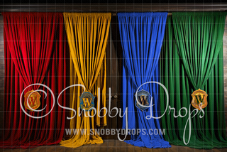 Four Wizard Houses Curtains Fabric Backdrop-Fabric Photography Backdrop-Snobby Drops Fabric Backdrops for Photography, Exclusive Designs by Tara Mapes Photography, Enchanted Eye Creations by Tara Mapes, photography backgrounds, photography backdrops, fast shipping, US backdrops, cheap photography backdrops
