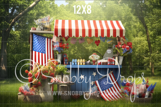 Fourth of July Cart Fabric Backdrop - Patriotic Stand Fabric Backdrop-Fabric Photography Backdrop-Snobby Drops Fabric Backdrops for Photography, Exclusive Designs by Tara Mapes Photography, Enchanted Eye Creations by Tara Mapes, photography backgrounds, photography backdrops, fast shipping, US backdrops, cheap photography backdrops