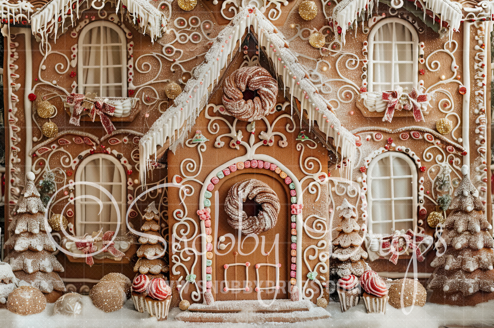 Front of Gingerbread House Fabric Backdrop exclusive at Snobby Drops