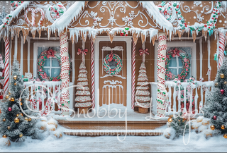 Frosted Gingerbread Porch Fabric Backdrop-Fabric Photography Backdrop-Snobby Drops Fabric Backdrops for Photography, Exclusive Designs by Tara Mapes Photography, Enchanted Eye Creations by Tara Mapes, photography backgrounds, photography backdrops, fast shipping, US backdrops, cheap photography backdrops