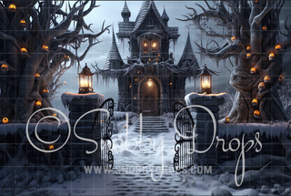 Frozen in Fear Dark Christmas Gate Halloween Fabric Backdrop-Fabric Photography Backdrop-Snobby Drops Fabric Backdrops for Photography, Exclusive Designs by Tara Mapes Photography, Enchanted Eye Creations by Tara Mapes, photography backgrounds, photography backdrops, fast shipping, US backdrops, cheap photography backdrops