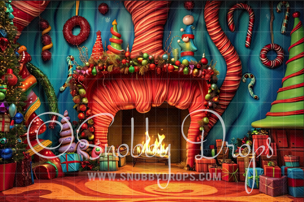 Snobby Fun Christmas Fireplace Whimsyville Fabric Backdrop by Snobby Drops