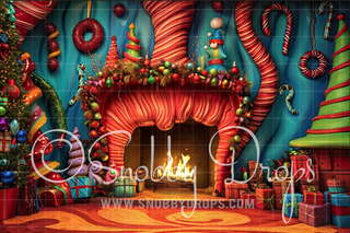 Fun Christmas Fireplace Whimsyville Fabric Backdrop-Fabric Photography Backdrop-Snobby Drops Fabric Backdrops for Photography, Exclusive Designs by Tara Mapes Photography, Enchanted Eye Creations by Tara Mapes, photography backgrounds, photography backdrops, fast shipping, US backdrops, cheap photography backdrops