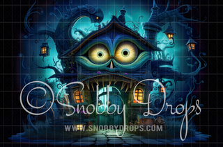 Funny Monster House Haunted House Fabric Backdrop-Fabric Photography Backdrop-Snobby Drops Fabric Backdrops for Photography, Exclusive Designs by Tara Mapes Photography, Enchanted Eye Creations by Tara Mapes, photography backgrounds, photography backdrops, fast shipping, US backdrops, cheap photography backdrops