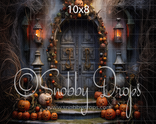 Ghouls Gateway Dark Christmas Door Halloween Fabric Backdrop-Fabric Photography Backdrop-Snobby Drops Fabric Backdrops for Photography, Exclusive Designs by Tara Mapes Photography, Enchanted Eye Creations by Tara Mapes, photography backgrounds, photography backdrops, fast shipping, US backdrops, cheap photography backdrops