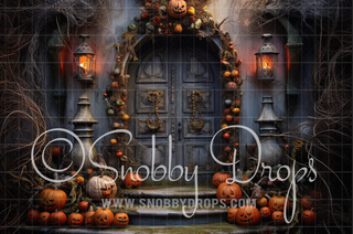 Ghouls Gateway Dark Christmas Door Halloween Fabric Backdrop-Fabric Photography Backdrop-Snobby Drops Fabric Backdrops for Photography, Exclusive Designs by Tara Mapes Photography, Enchanted Eye Creations by Tara Mapes, photography backgrounds, photography backdrops, fast shipping, US backdrops, cheap photography backdrops