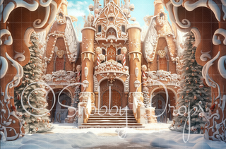 Gingerbread Castle Fabric Backdrop-Fabric Photography Backdrop-Snobby Drops Fabric Backdrops for Photography, Exclusive Designs by Tara Mapes Photography, Enchanted Eye Creations by Tara Mapes, photography backgrounds, photography backdrops, fast shipping, US backdrops, cheap photography backdrops