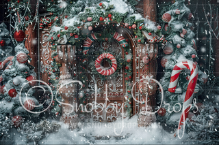 Gingerbread Christmas Door Fabric Backdrop-Fabric Photography Backdrop-Snobby Drops Fabric Backdrops for Photography, Exclusive Designs by Tara Mapes Photography, Enchanted Eye Creations by Tara Mapes, photography backgrounds, photography backdrops, fast shipping, US backdrops, cheap photography backdrops