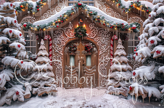 Gingerbread Christmas House with Trees Fabric Backdrop-Fabric Photography Backdrop-Snobby Drops Fabric Backdrops for Photography, Exclusive Designs by Tara Mapes Photography, Enchanted Eye Creations by Tara Mapes, photography backgrounds, photography backdrops, fast shipping, US backdrops, cheap photography backdrops