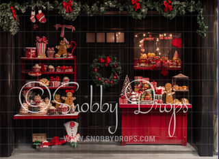 Gingerbread Cookie Shop Christmas Fabric Backdrop-Fabric Photography Backdrop-Snobby Drops Fabric Backdrops for Photography, Exclusive Designs by Tara Mapes Photography, Enchanted Eye Creations by Tara Mapes, photography backgrounds, photography backdrops, fast shipping, US backdrops, cheap photography backdrops