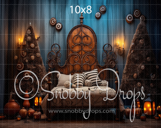 Gingerbread Dark Christmas Bed Headboard Fabric Backdrop-Fabric Photography Backdrop-Snobby Drops Fabric Backdrops for Photography, Exclusive Designs by Tara Mapes Photography, Enchanted Eye Creations by Tara Mapes, photography backgrounds, photography backdrops, fast shipping, US backdrops, cheap photography backdrops