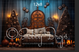 Gingerbread Dark Christmas Bed Headboard Fabric Backdrop-Fabric Photography Backdrop-Snobby Drops Fabric Backdrops for Photography, Exclusive Designs by Tara Mapes Photography, Enchanted Eye Creations by Tara Mapes, photography backgrounds, photography backdrops, fast shipping, US backdrops, cheap photography backdrops