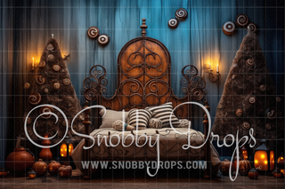 Gingerbread Dark Christmas Bed Headboard Fabric Backdrop-Fabric Photography Backdrop-Snobby Drops Fabric Backdrops for Photography, Exclusive Designs by Tara Mapes Photography, Enchanted Eye Creations by Tara Mapes, photography backgrounds, photography backdrops, fast shipping, US backdrops, cheap photography backdrops