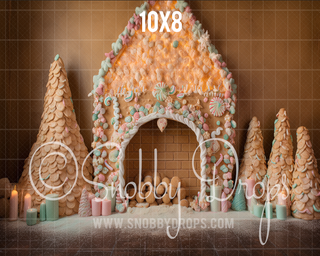 Gingerbread Fireplace Mantle Fabric Backdrop-Fabric Photography Backdrop-Snobby Drops Fabric Backdrops for Photography, Exclusive Designs by Tara Mapes Photography, Enchanted Eye Creations by Tara Mapes, photography backgrounds, photography backdrops, fast shipping, US backdrops, cheap photography backdrops