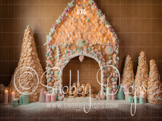 Gingerbread Fireplace Mantle Fabric Backdrop-Fabric Photography Backdrop-Snobby Drops Fabric Backdrops for Photography, Exclusive Designs by Tara Mapes Photography, Enchanted Eye Creations by Tara Mapes, photography backgrounds, photography backdrops, fast shipping, US backdrops, cheap photography backdrops